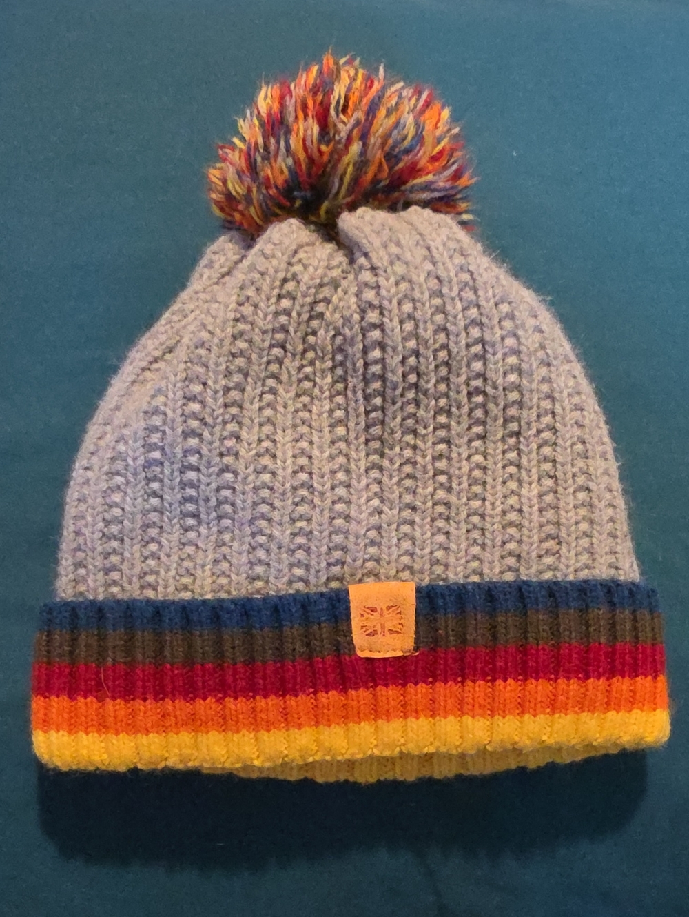 Britts Knits Kids Multicolor Pom-Pom Knit Beanie - Gray with Rainbow Trim